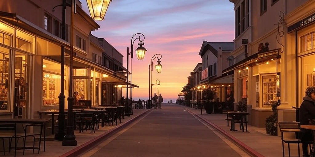 View of Dana Point Lantern District shops and palm trees