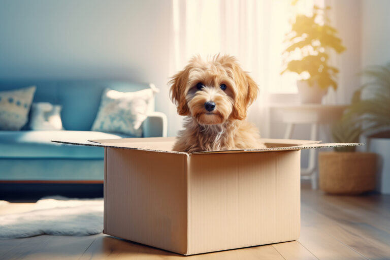Dog in a box. The concept of relocation with pets