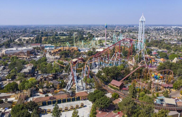 Aerial view of theclosed Knott’s Berry Farm theme park in Buena Park