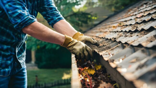 Autumn Gutter Cleanup: Debris Removal. Concept Autumn Cleanup, Gutter Maintenance, Debris Removal, Seasonal Chores, Outdoor Home Improvement