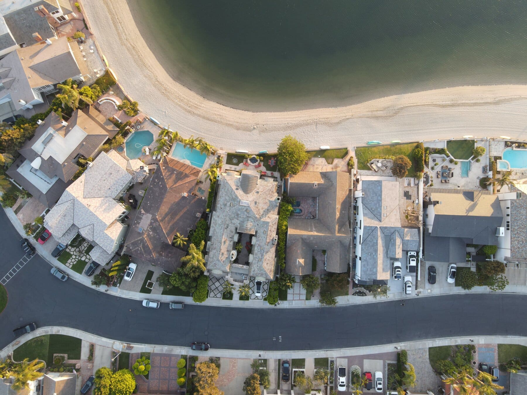 Aerial view of Huntington Harbour canals and waterfront homes, 92649
