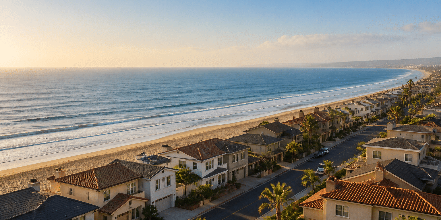 hb-market-takeaways-september-2026-cover Aerial view of beachfront homes along the Huntington Beach coastline at sunset