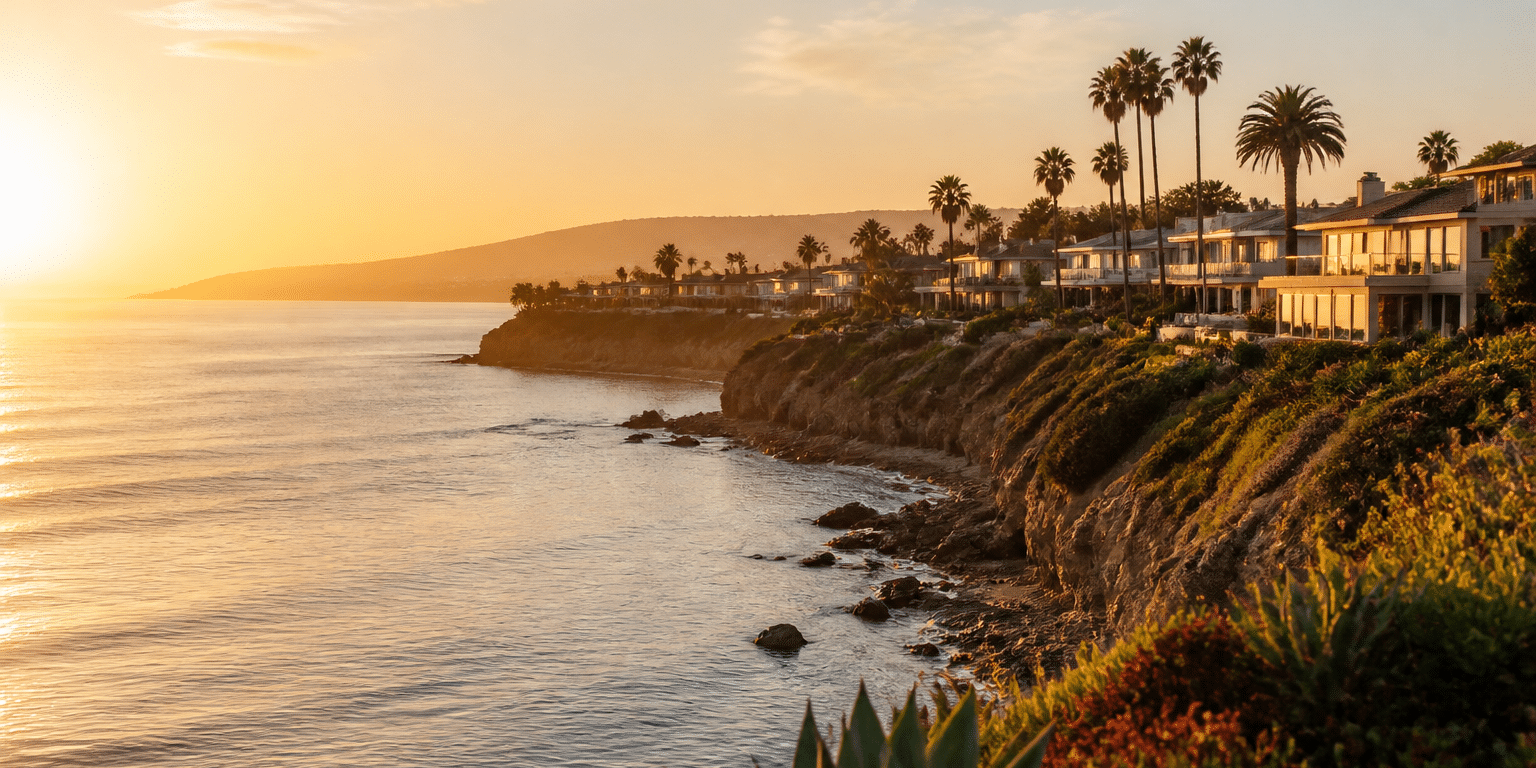 Coastal bluff homes above the Pacific at sunset along the Orange County coast
